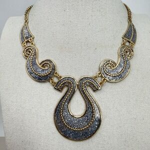 Geometric Swirl Statement Necklace Bold Sparkle Gold Tone